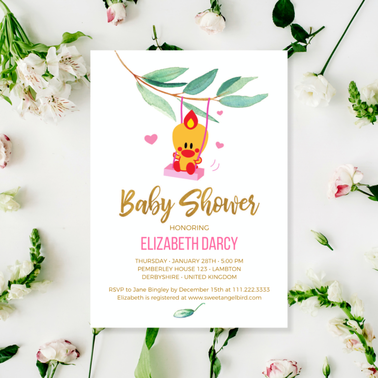 Pink and Gold Baby Shower Invitations, 5x7" Baby Shower Invitation – Sweet Angel Bird ® on a Swing