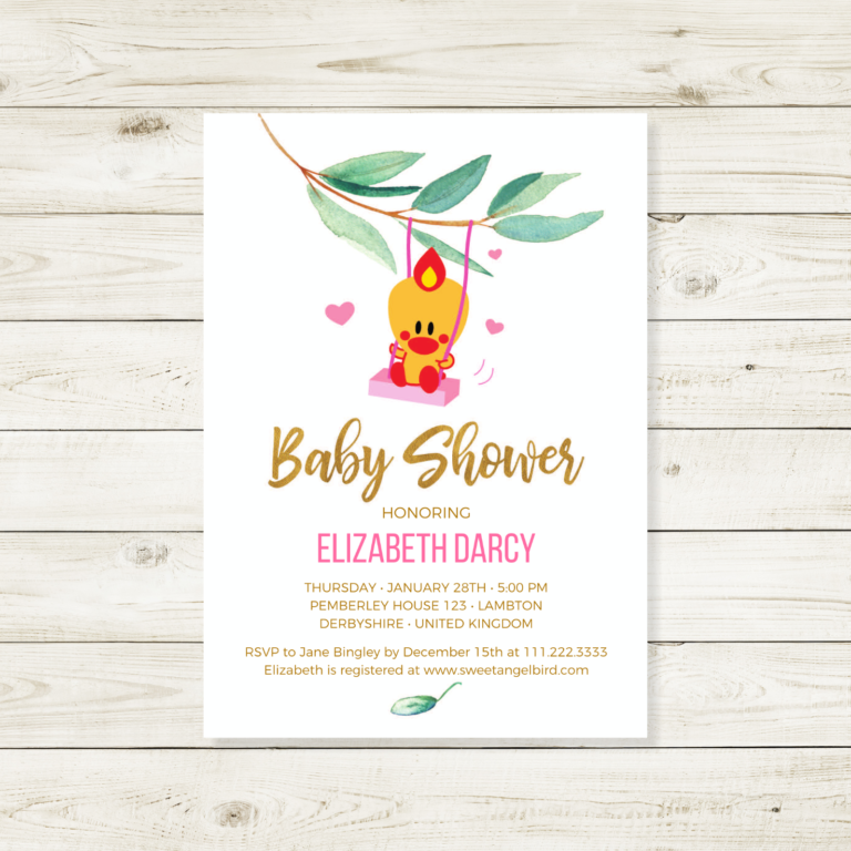 Pink and Gold Baby Shower Invitations, 5x7" Baby Shower Invitation – Sweet Angel Bird ® on a Swing