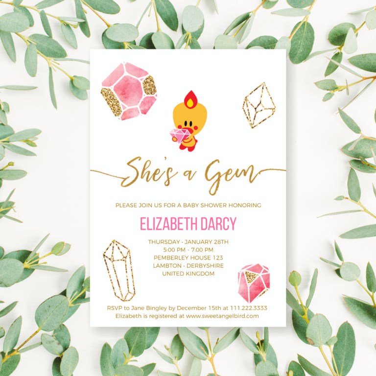 Pink and Gold Baby Shower Invitations, 5x7" Baby Shower Party Invitation – Sweet Angel Bird ® Pink and Gold Gems Printable Baby Shower Invitations