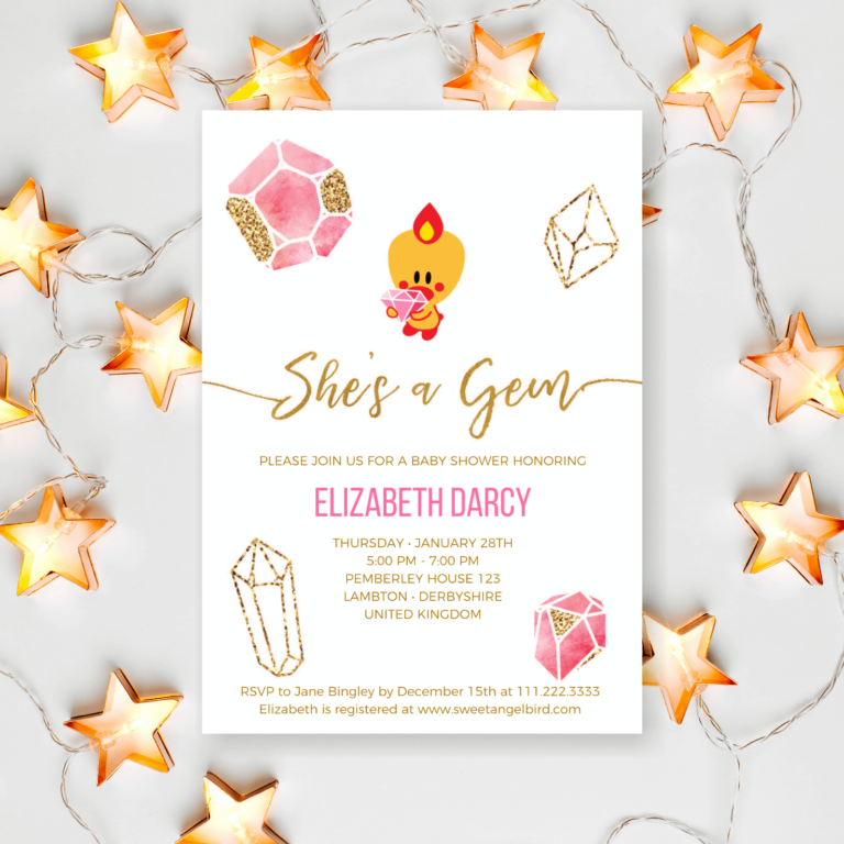 Pink and Gold Baby Shower Invitations, 5x7" Baby Shower Party Invitation – Sweet Angel Bird ® Pink and Gold Gems Printable Baby Shower Invitations