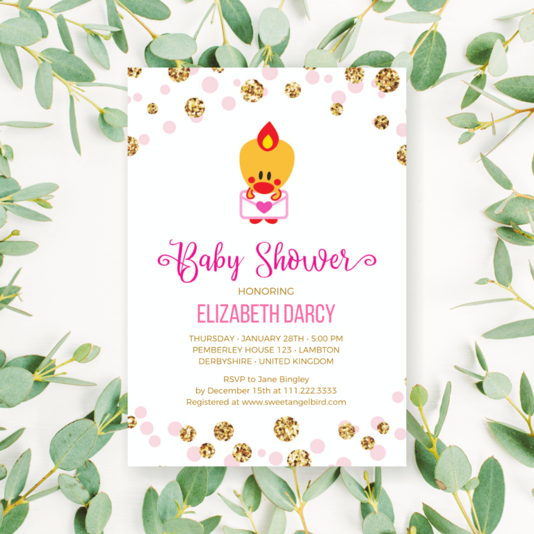 Baby Shower Party Invitation - Pink and Gold Baby Shower Invitations, 5x7" Baby Shower Invitation – Sweet Angel Bird ® Pink and Gold Confetti Printable Baby Shower Invitations
