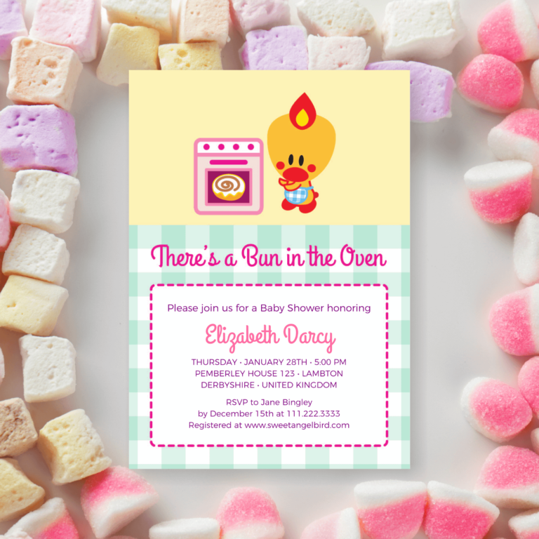 Baby Shower Party Invitations, 5x7" Baby Shower Invitation – Sweet Angel Bird ® Bun in the Oven Printable Baby Shower Invitations