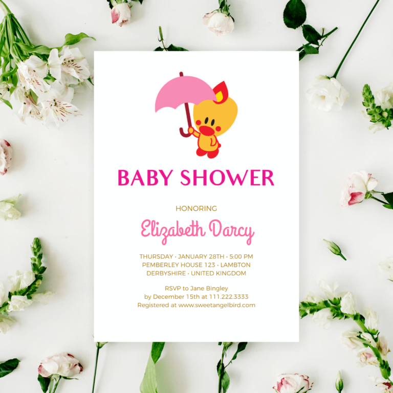 Pink Baby Shower, It's a Girl Baby Shower Invitation – Sweet Angel Bird ® Pink Umbrella Printable Baby Shower Invitations